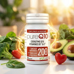 Flacon Pure Q10 100mg LT Labo avec légumes verts et symbole de santé cardiovasculaire