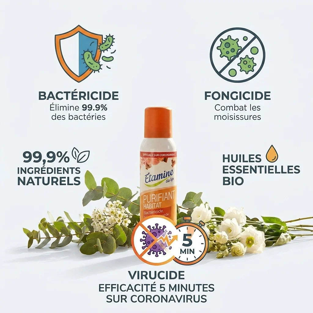 Spray purifiant habitat vegan Etamine du Lys bactéricide fongicide virucide ingrédients naturels