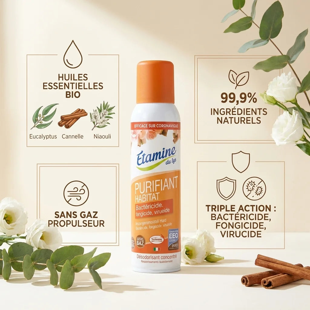 Spray purifiant habitat vegan Etamine du Lys avec huiles essentielles bio et ingrédients naturels
