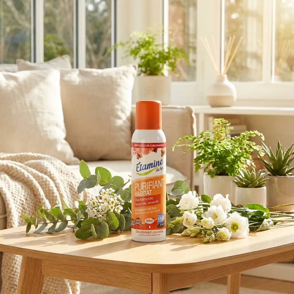 Spray purifiant habitat vegan Etamine du Lys dans un intérieur moderne avec plantes et fleurs naturelles