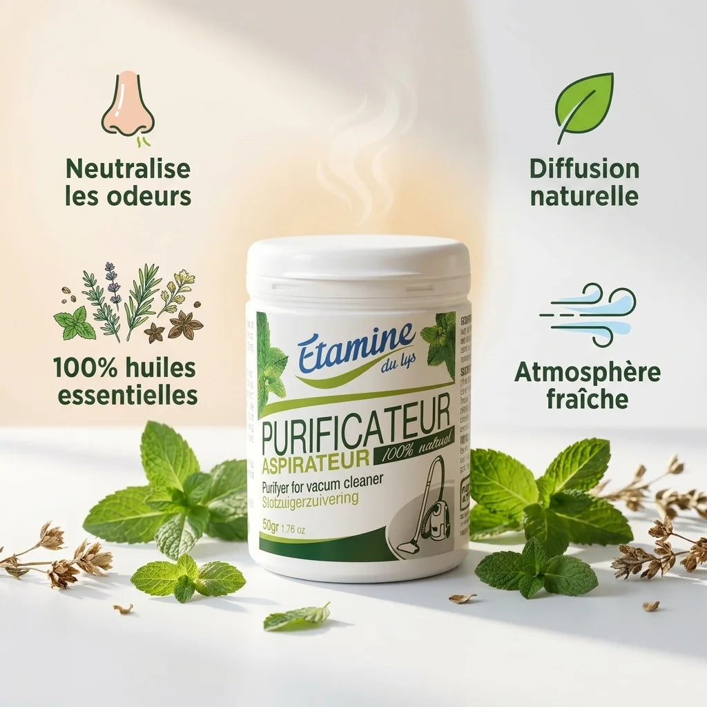 Purificateur Aspirateur Etamine du Lys avec huiles essentielles naturelles et infographie des bénéfices