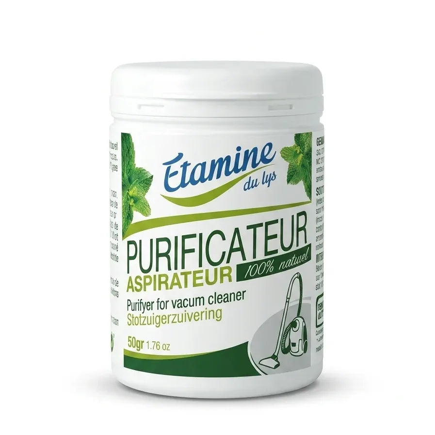 Purificateur Aspirateur en pot Etamine du Lys blanc avec étiquette verte et bleue