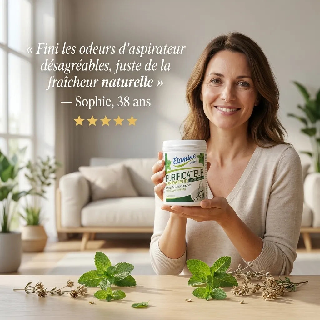 Femme tenant purificateur aspirateur Etamine du Lys dans salon moderne avec plantes et menthe fraîche