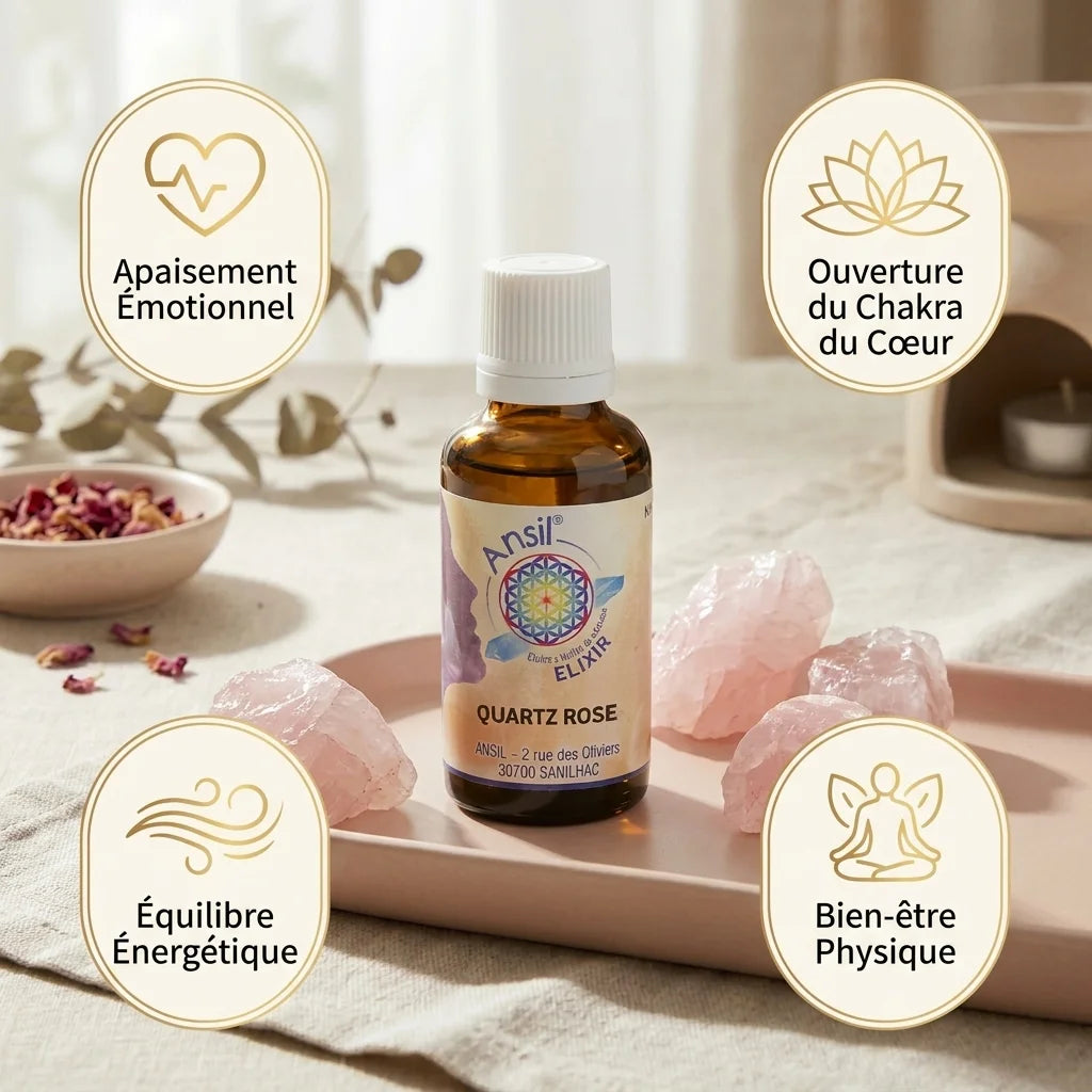Élixir Quartz Rose Ansil avec cristaux, bénéfices bien-être et chakra du cœur en studio professionnel