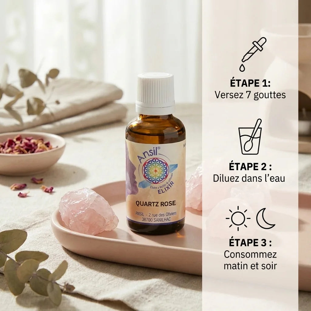 Elixir Quartz Rose avec dosage 7 gouttes, cristaux rose et instructions d'utilisation sur marbre