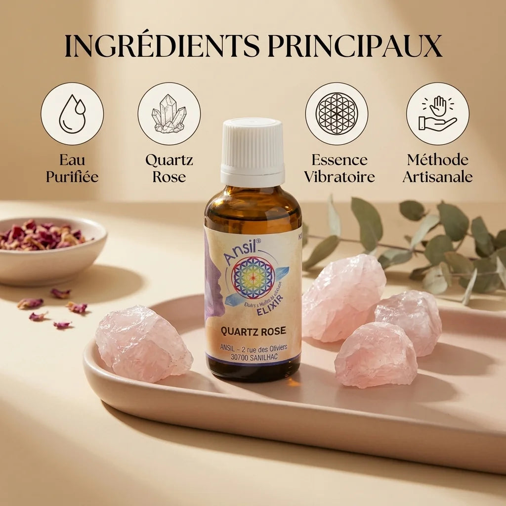 Flacon Elixir Quartz Rose avec cristaux bruts, pétales de rose et infographie des ingrédients principaux