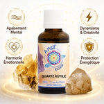Elixir Quartz Rutile avec cristaux dorés et icônes de bien-être : apaisement, créativité, harmonie, protection