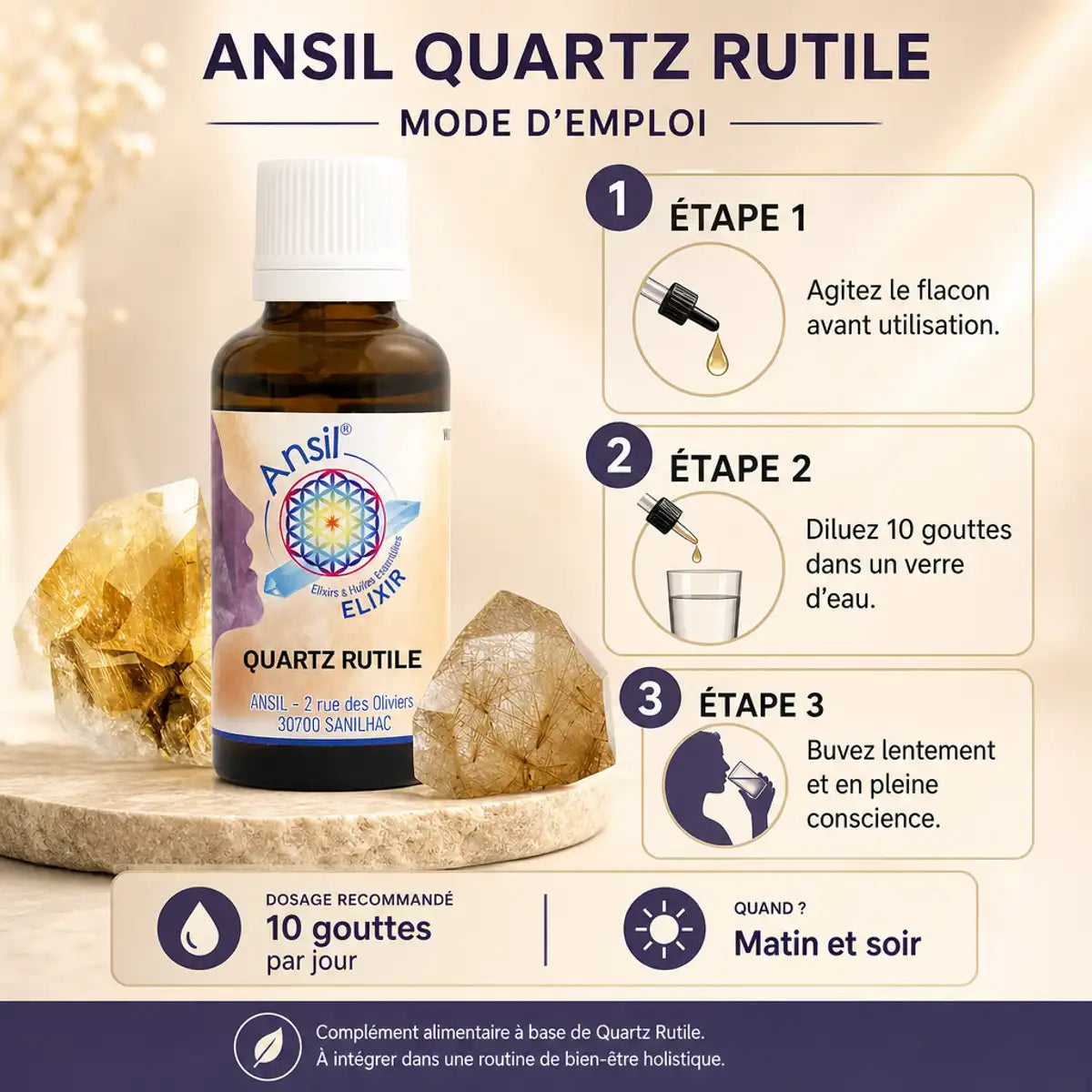 Elixir Quartz Rutile Ansil avec cristaux et guide d'utilisation en 3 étapes, dosage 10 gouttes par jour