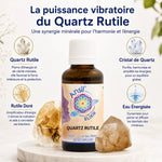 Élixir de cristal Quartz Rutile avec cristaux de rutile doré et eau énergisée en bouteille