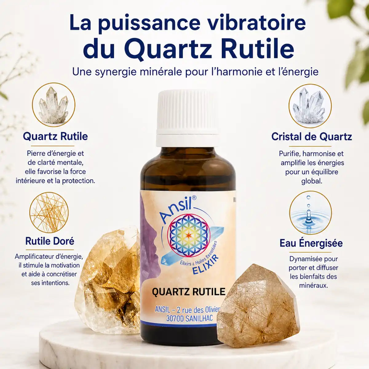 Élixir de cristal Quartz Rutile avec cristaux de rutile doré et eau énergisée en bouteille
