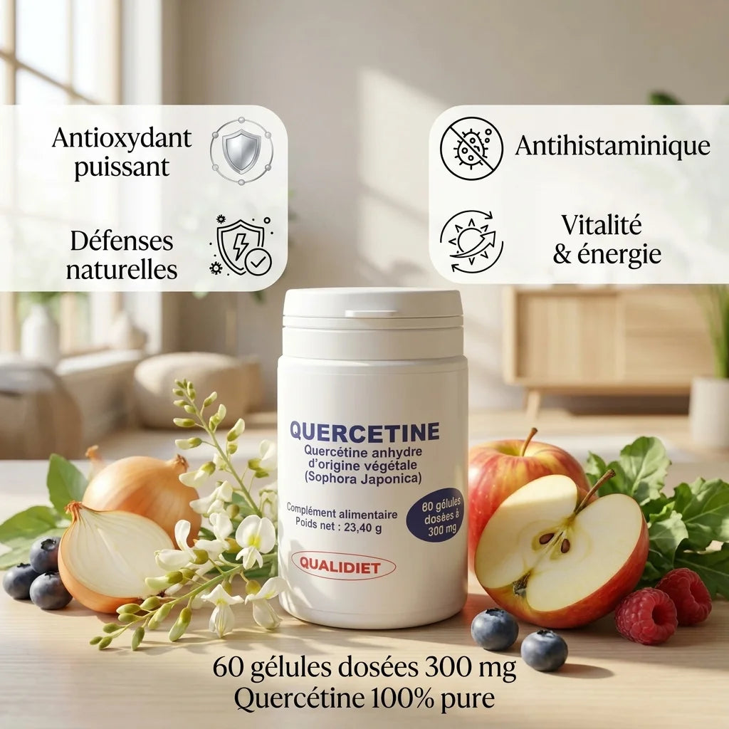 Quercétine anhydre végétale Qualidiet 300 mg en gélules avec bénéfices antioxydant et défenses naturelles