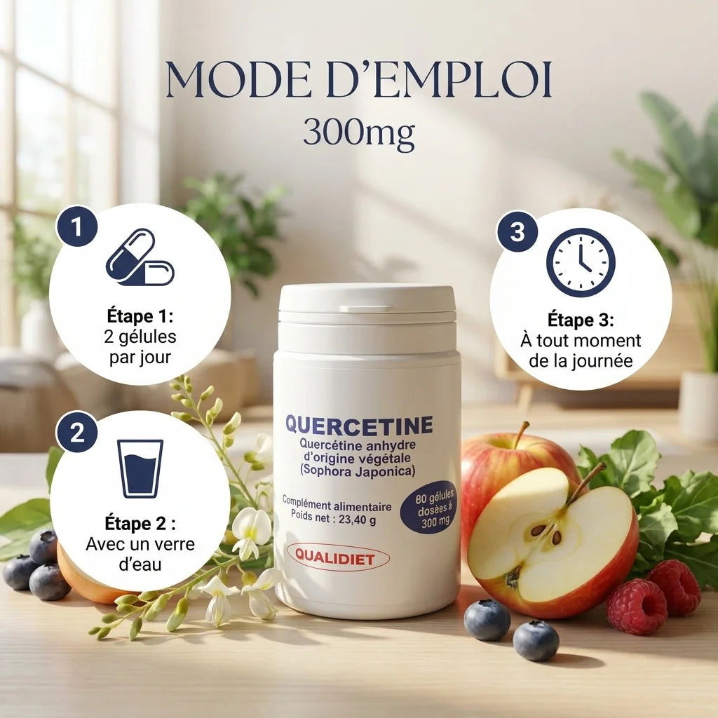 Quercétine anhydre végétale 300mg en gélules avec mode d'emploi et ingrédients naturels