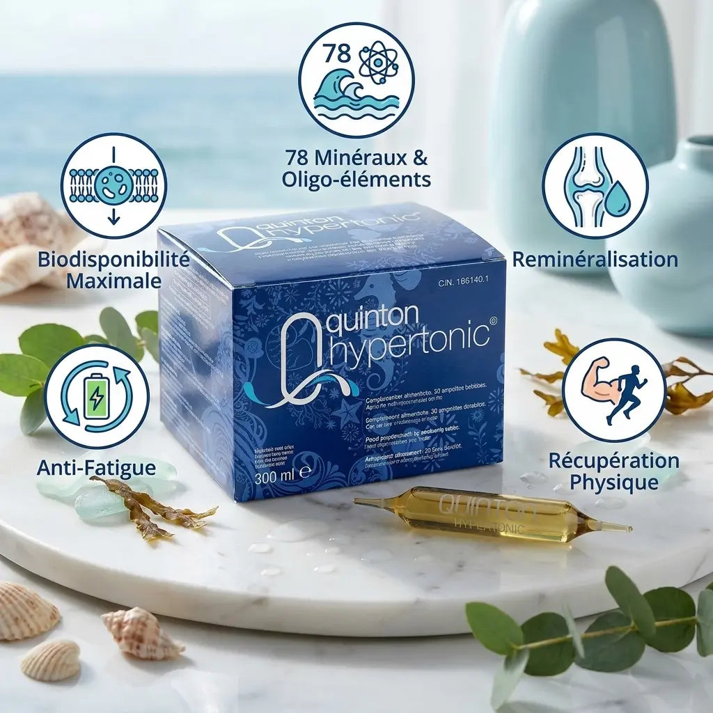 Quinton Hypertonic 30 ampoules avec ses 78 minéraux et bénéfices de reminéralisation et récupération physique