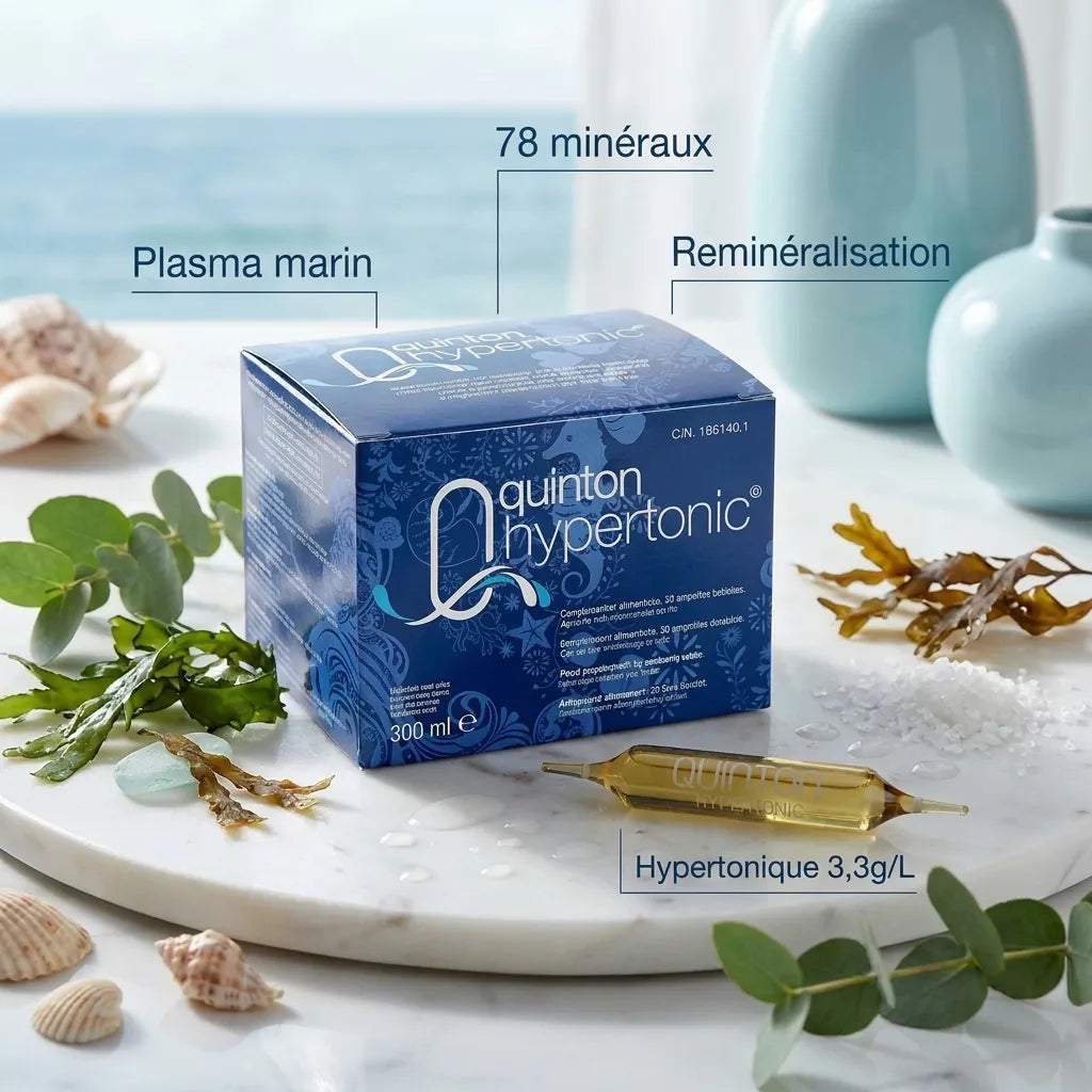 Boîte Quinton Hypertonic 30 ampoules avec ingrédients marins naturels sur marbre blanc