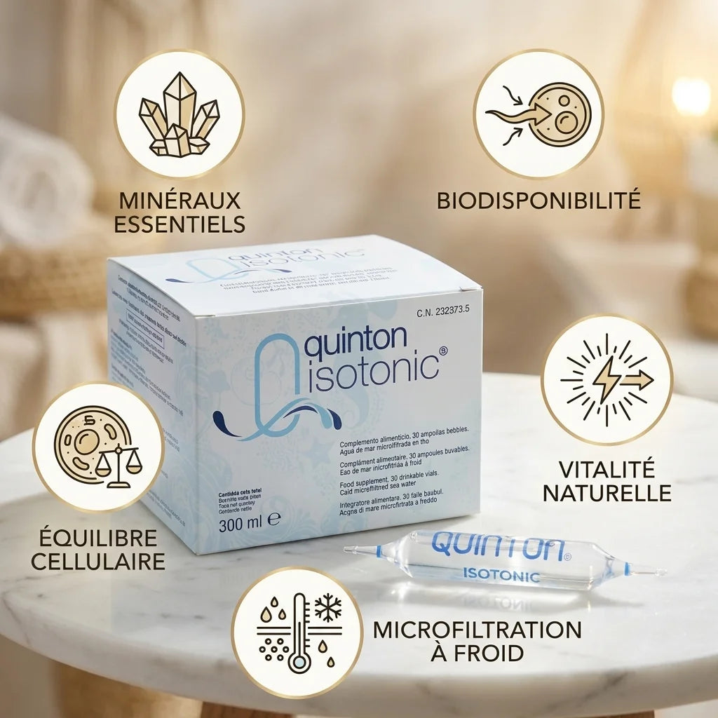 Quinton Isotonic 30 ampoules avec ses 5 bénéfices : minéraux, biodisponibilité, équilibre cellulaire et microfiltration