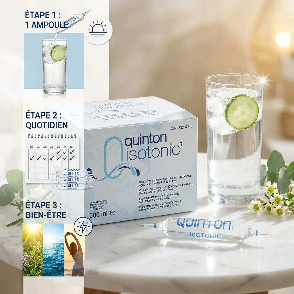 Quinton Isotonic 30 ampoules avec guide d'utilisation quotidienne et ingrédients naturels