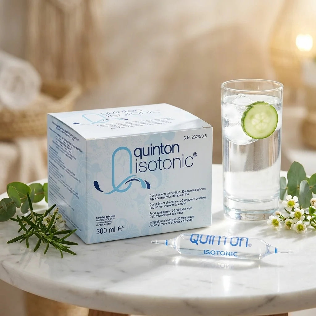 Boîte Quinton Isotonic 30 ampoules avec verre d'eau et éléments botaniques sur surface marbre