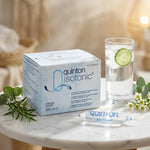 Boîte Quinton Isotonic 30 ampoules avec verre d'eau et éléments botaniques sur surface marbre