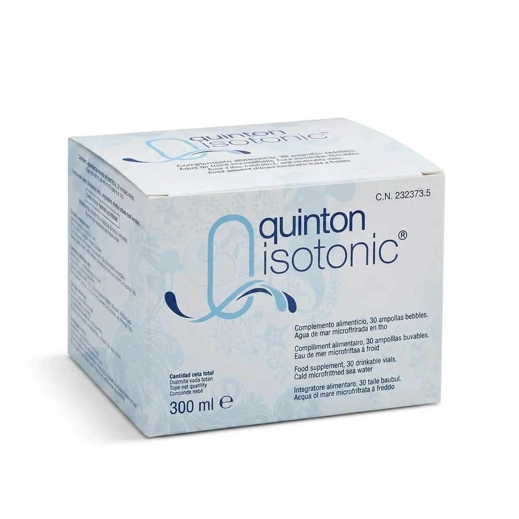 Boîte Quinton Isotonic 30 ampoules sur fond blanc - complément alimentaire