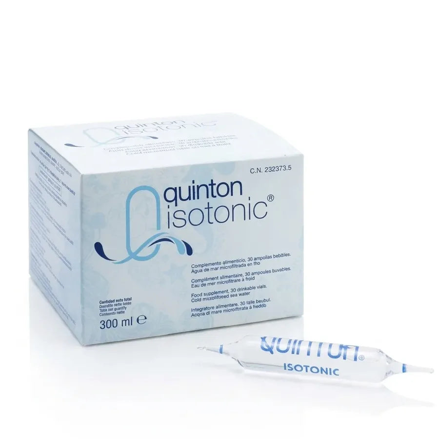 Quinton Isotonic 30 ampoules - Boîte et ampoules en verre sur fond blanc