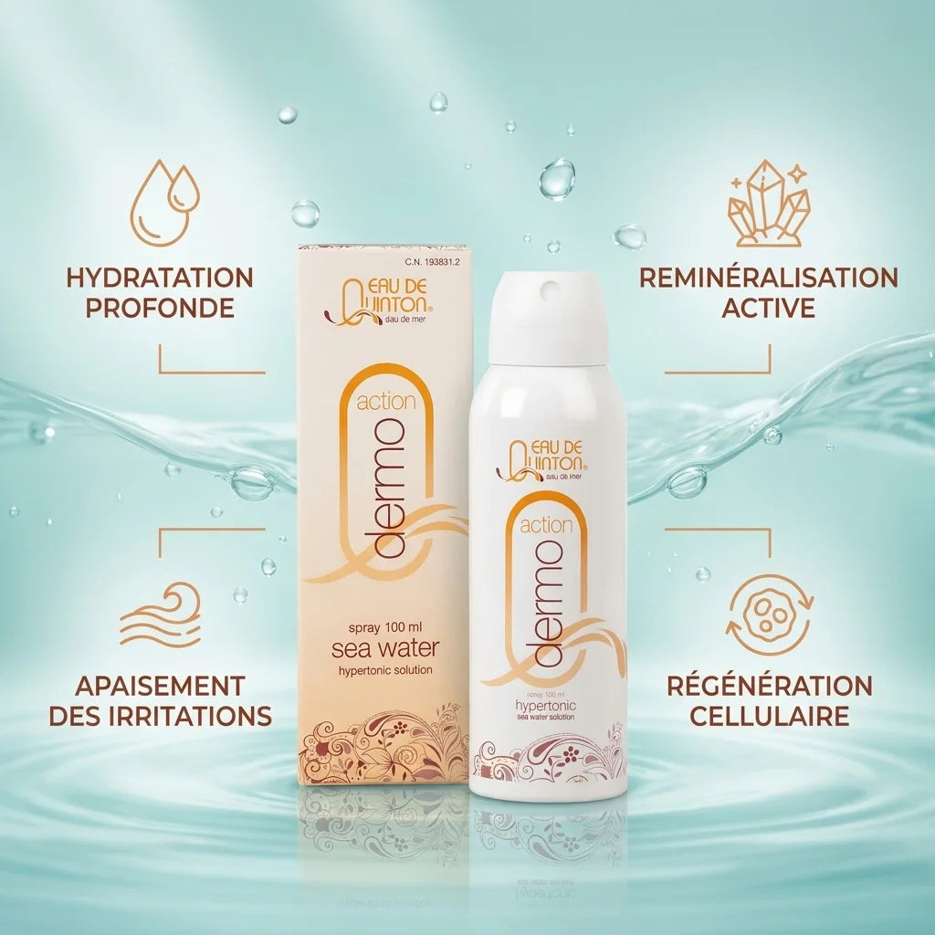 Quinton spray dermo action avec bénéfices : hydratation, reminéralisation, apaisement et régénération cellulaire