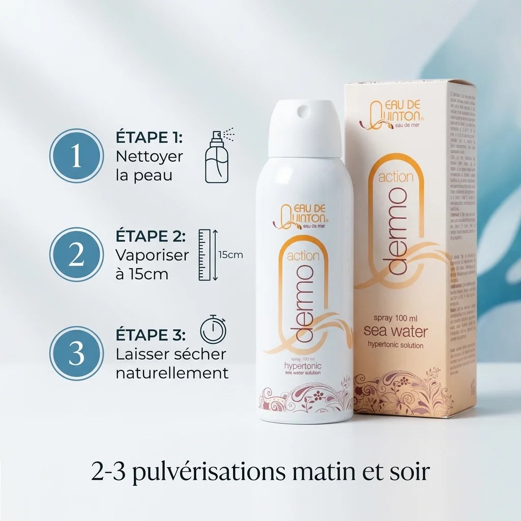 Spray Quinton Dermo Action avec instructions d'utilisation en 3 étapes sur fond blanc minimaliste