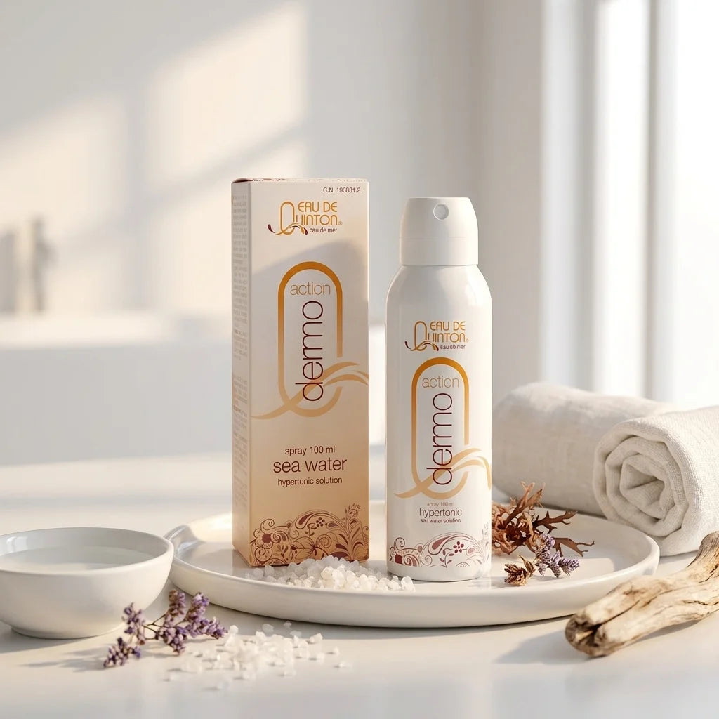 Spray Quinton Dermo Action sur vanité côtière minimaliste avec cristaux de sel marin et ambiance spa luxe