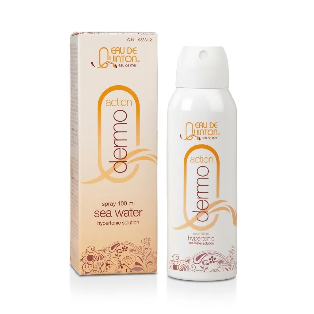 Quinton spray dermo action flacon blanc avec branding orange et bordeaux, fond blanc