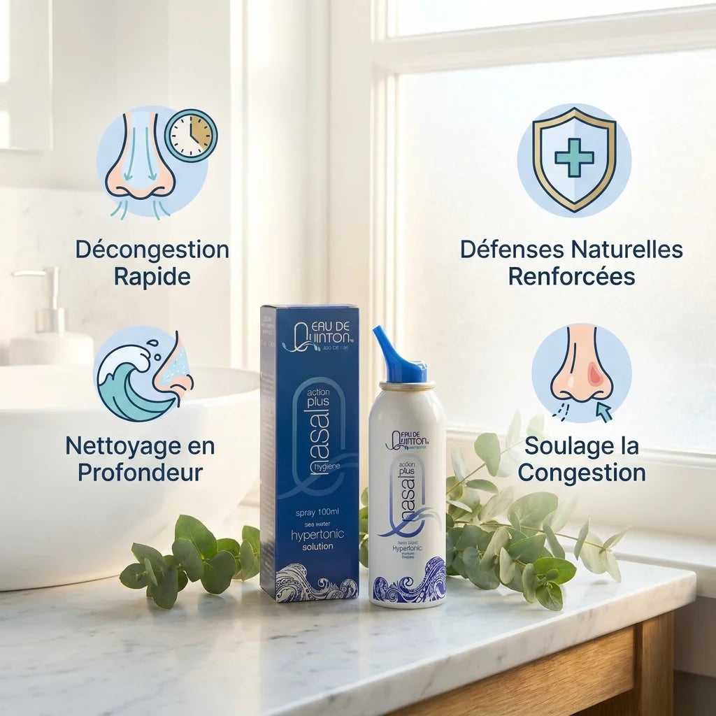 Spray nasal Quinton hypertonic avec bénéfices décongestion et défenses naturelles renforcées