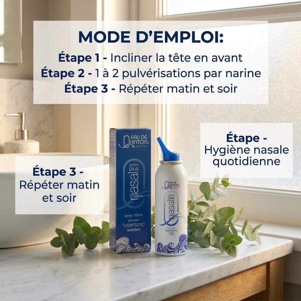 Quinton spray nasal hypertonique avec mode d'emploi et instructions d'utilisation en 3 étapes
