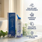 Quinton spray nasal hypertonique avec eau de mer, minéraux marins et emballage bleu blanc sur marbre