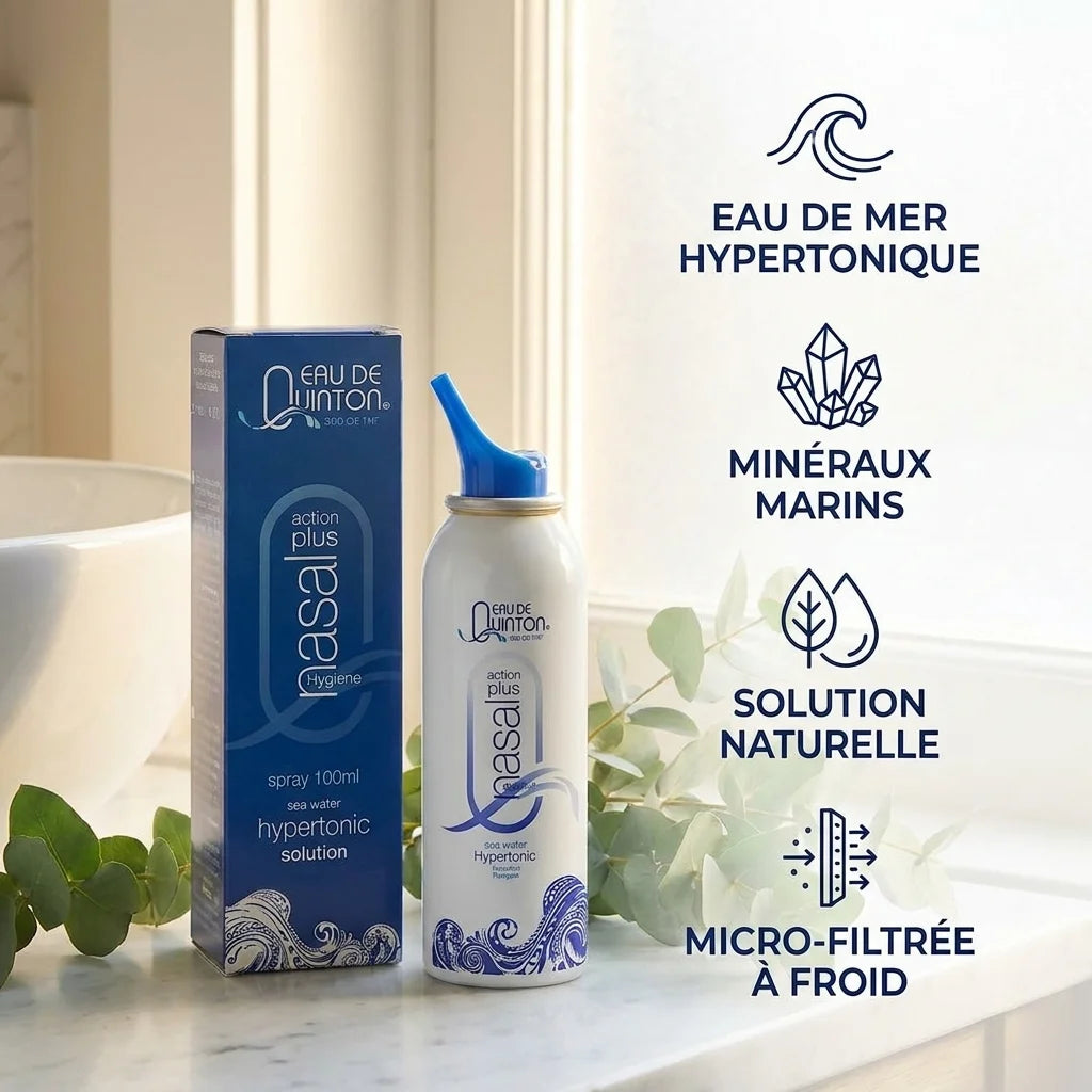 Quinton spray nasal hypertonique avec eau de mer, minéraux marins et emballage bleu blanc sur marbre
