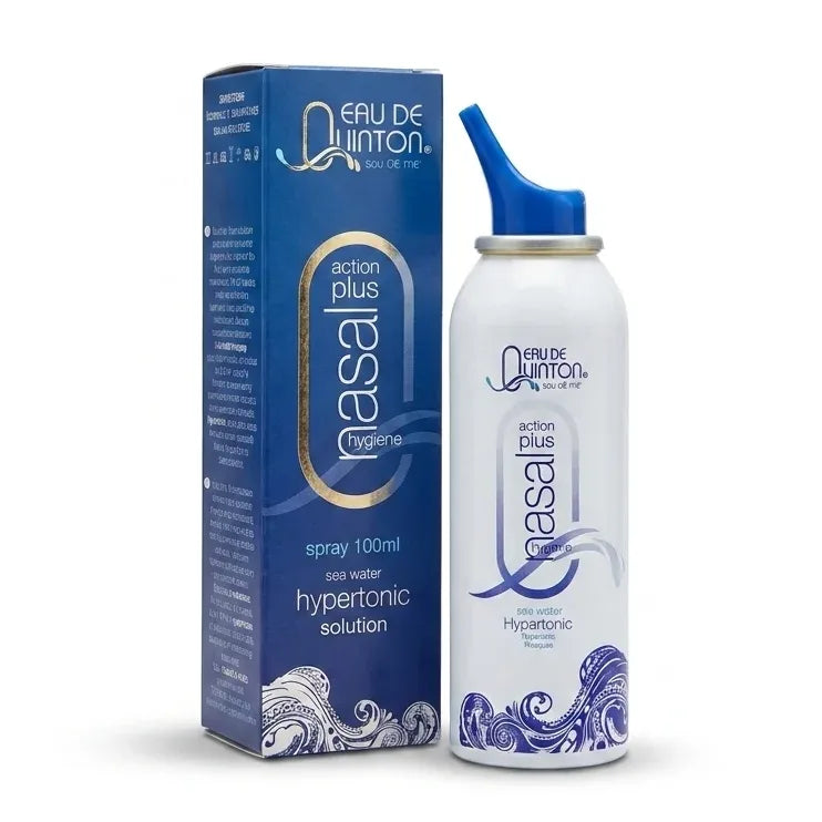 Spray nasal hytonique Quinton flacon bleu sur fond blanc