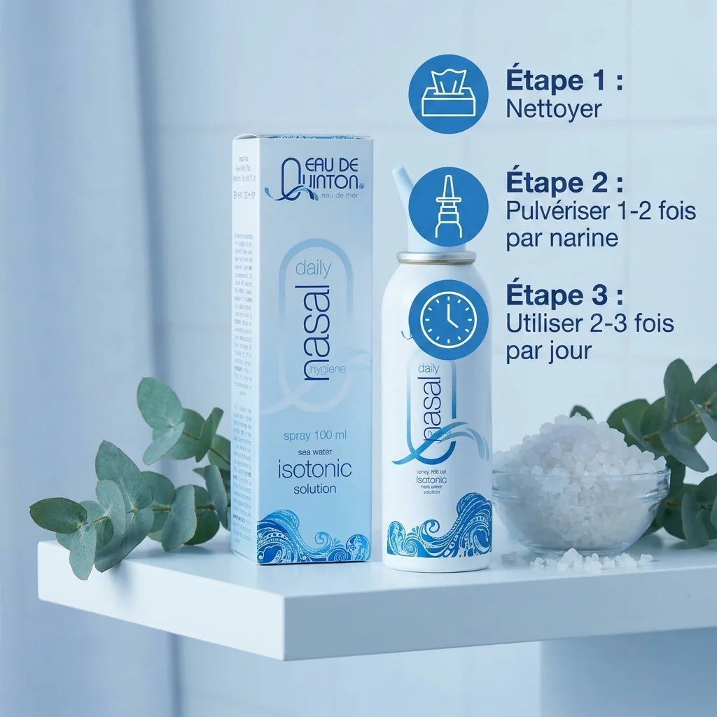 Quinton spray nasal isotonic 100ml avec instructions d'utilisation et étapes de nettoyage nasal quotidien