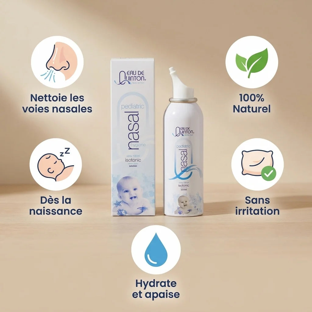 Quinton spray nasal pédiatrique avec 5 bénéfices : naturel, dès la naissance, sans irritation, hydrate et apaise