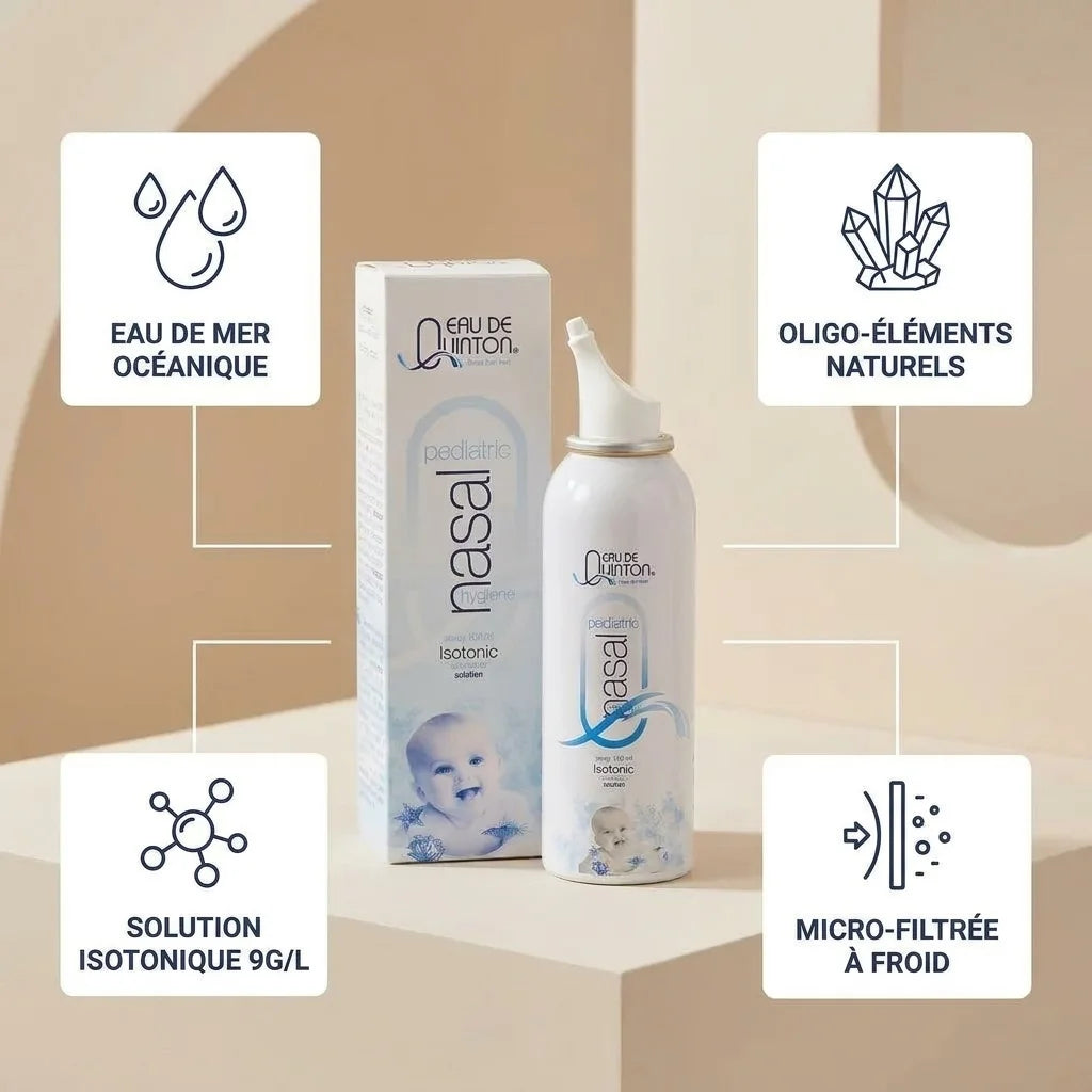 Quinton spray nasal pédiatrique avec packaging, eau de mer océanique et oligo-éléments naturels