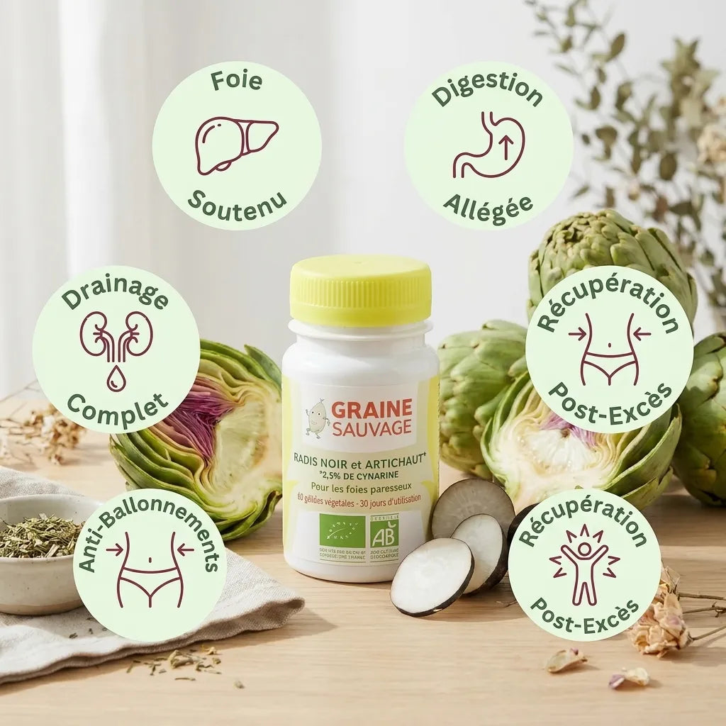 Gélules Radis Noir et Artichaut bio vegan avec ingrédients et bienfaits digestifs illustrés