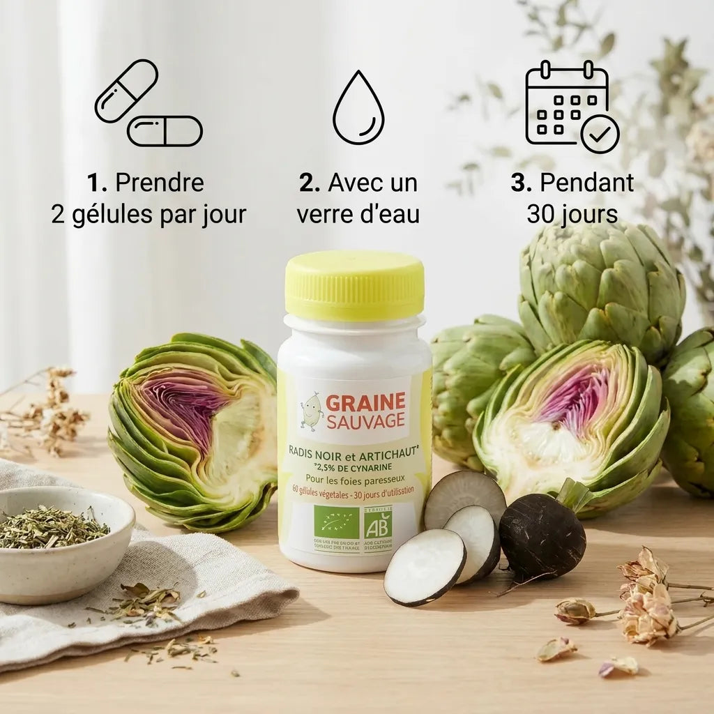 Gélules Radis Noir Artichaut bio vegan avec posologie 2 par jour pendant 30 jours