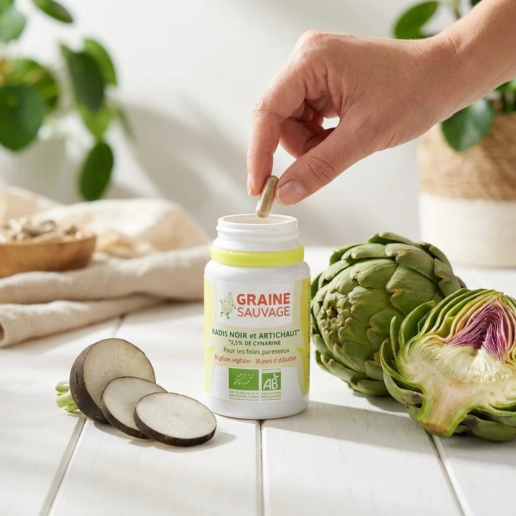 Graine Sauvage Radis Noir et Artichaut bio en gélules avec légumes frais sur surface blanche
