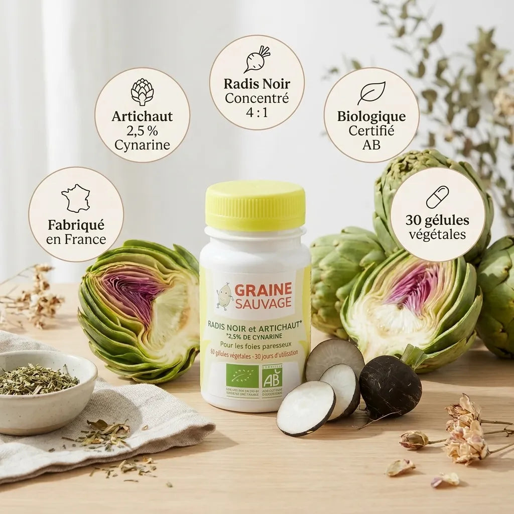 Gélules Radis Noir et Artichaut Bio avec ingrédients naturels frais et certifications AB France