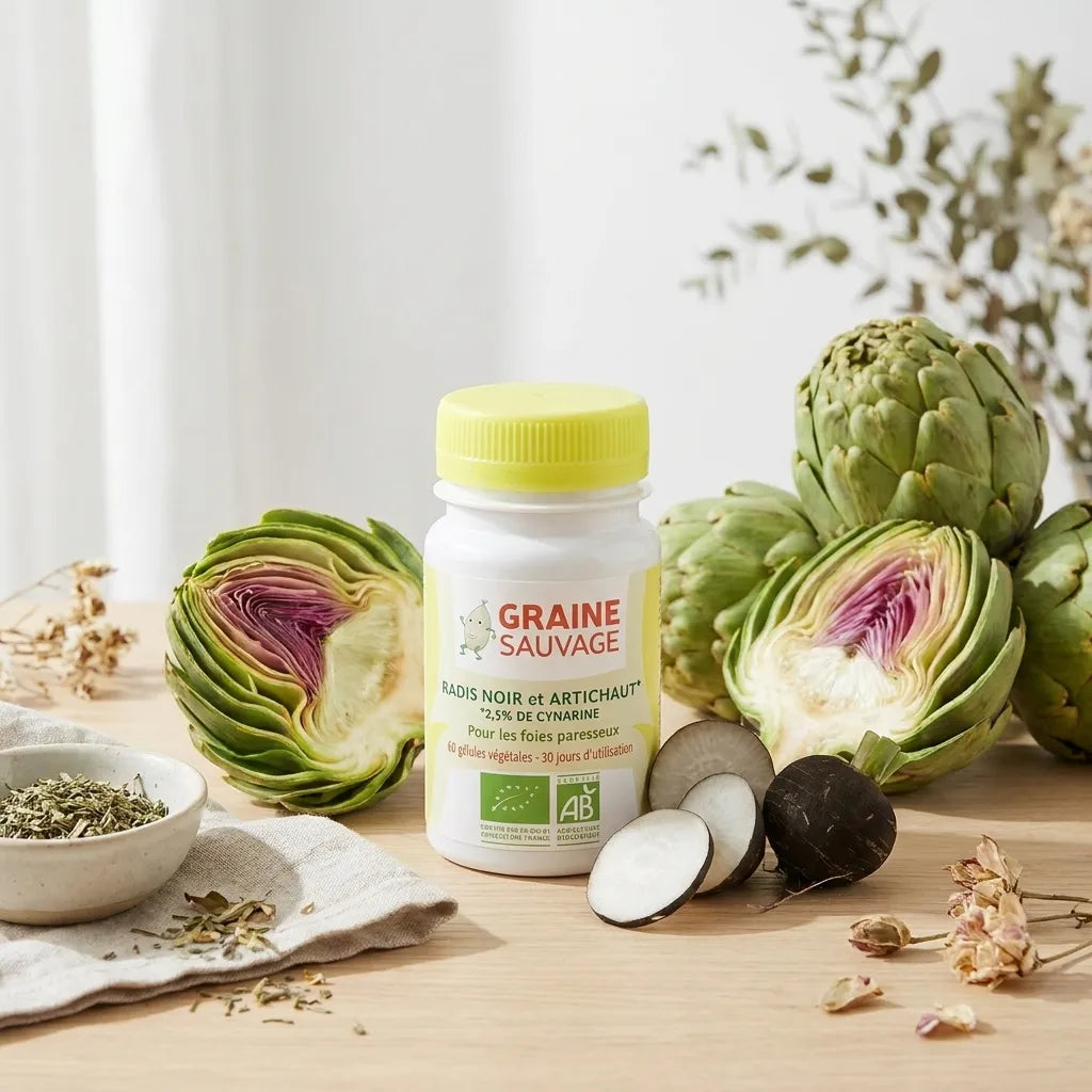 Gélules Radis Noir et Artichaut Bio avec légumes frais sur bureau wellness minimaliste