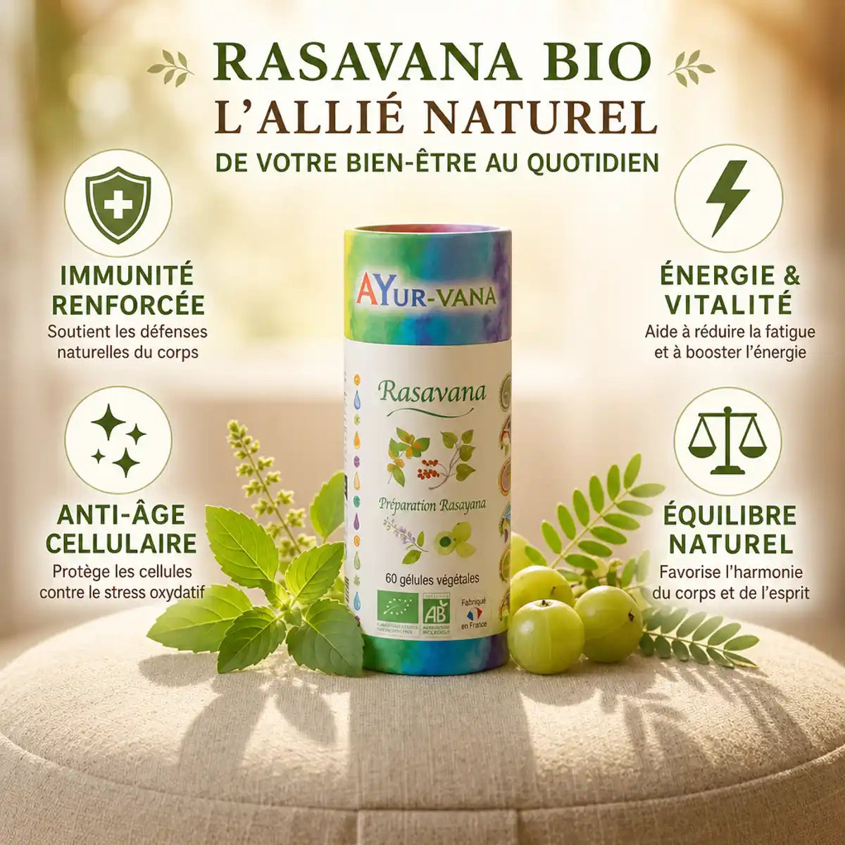 Rasavana Bio en gélules avec bénéfices : immunité, énergie, anti-âge et équilibre naturel