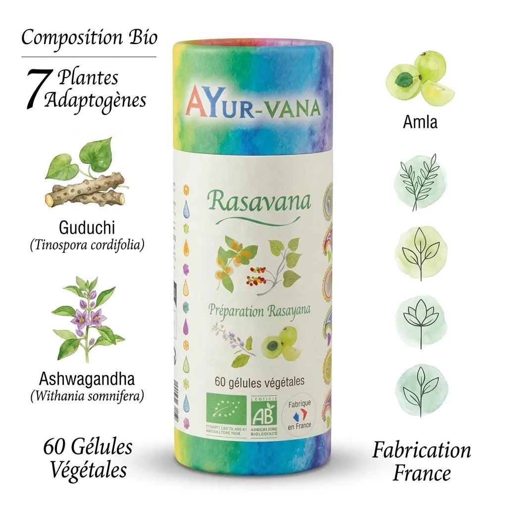 Rasavana Bio Ayurvana gélules végétales avec 7 plantes adaptogènes et composition affichée