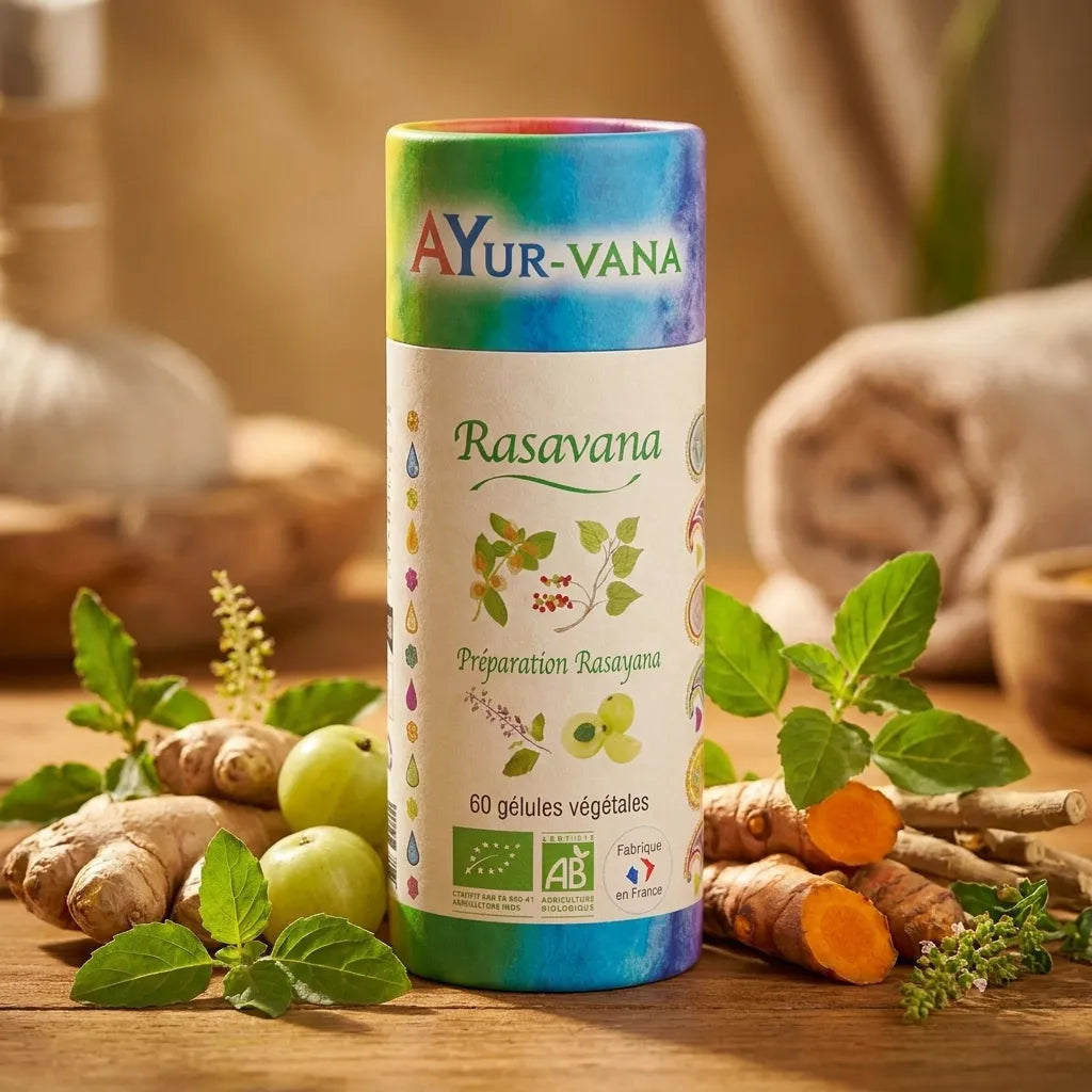 Rasavana Bio vegan en gélules Ayurvana entourée d'herbes naturelles et plantes adaptogènes