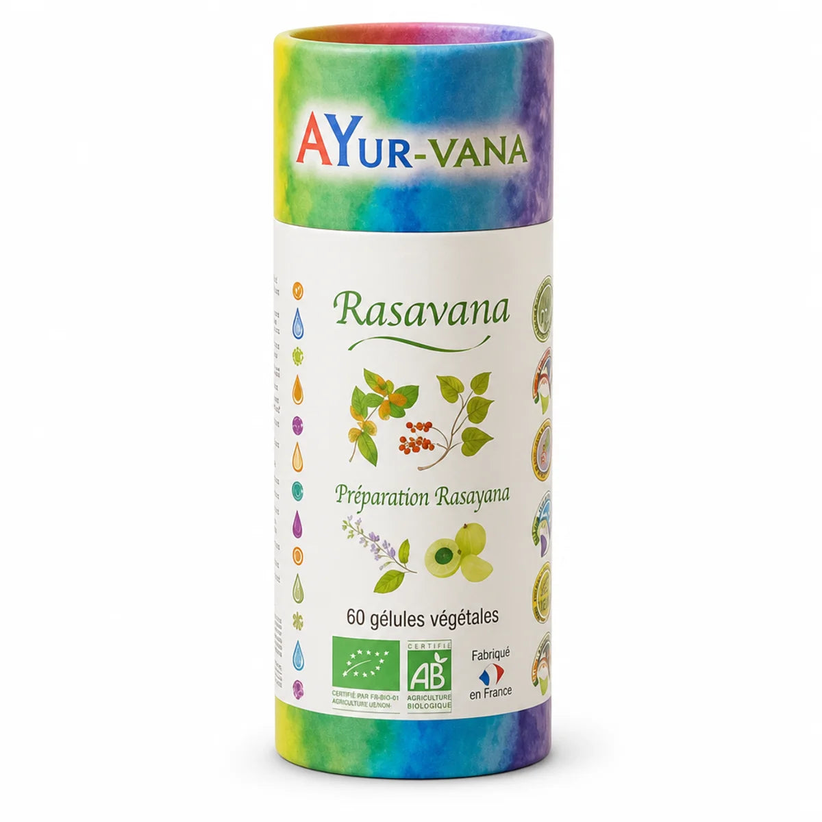 Gélules Rasavana Bio vegan Ayurvana certifiées en flacon isolé sur fond blanc