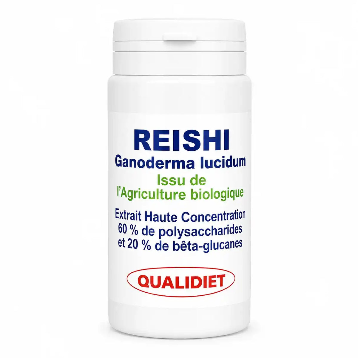 Bouteille blanche de gélules Extrait de Reishi Bio Qualidiet sur fond blanc