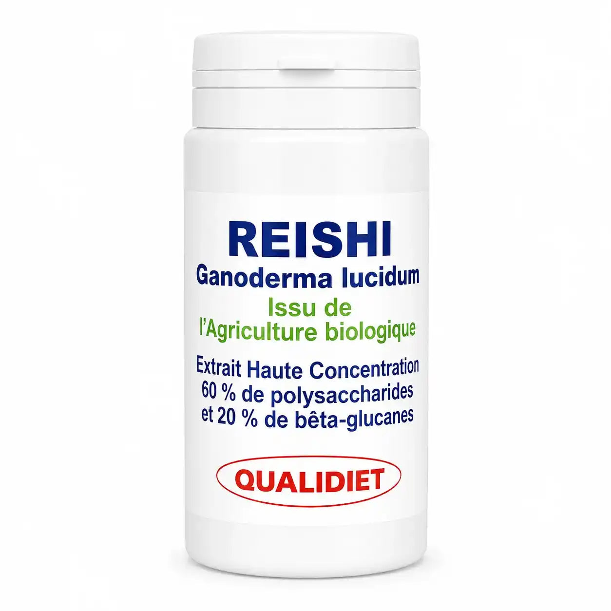 Bouteille blanche de gélules Extrait de Reishi Bio Qualidiet sur fond blanc
