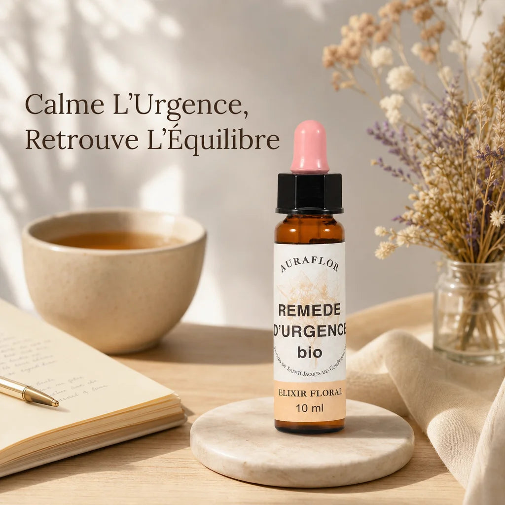 Remède d'Urgence Bio en compte-gouttes Auraflor sur bureau minimaliste avec fleurs séchées et thé