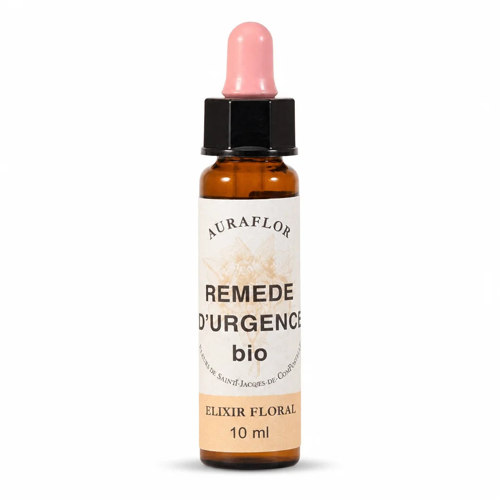 Flacon compte-gouttes Auraflor Remède d'Urgence Bio 10ml en verre ambré sur fond blanc