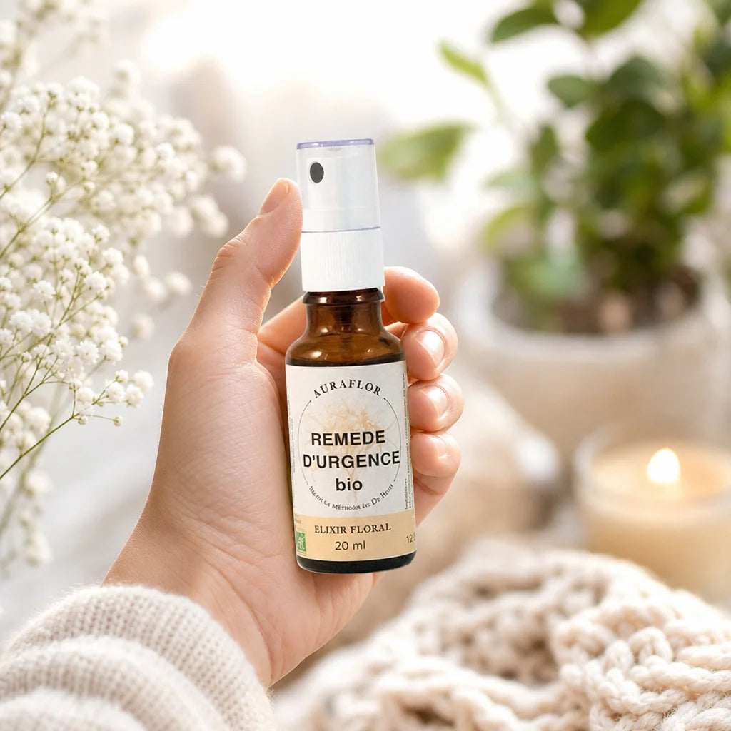 Spray Remède d'Urgence Bio Auraflor en utilisation pour soulagement du stress naturel
